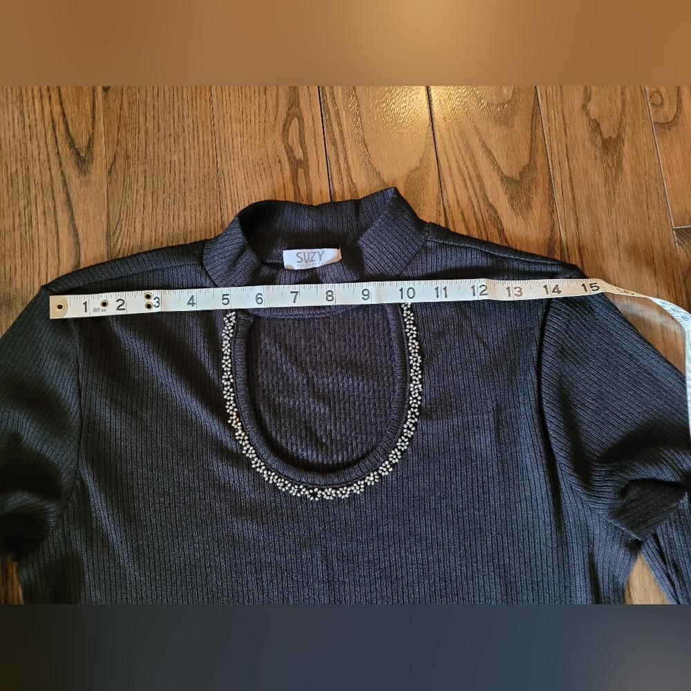 Black dressy, ribbed, stone neckline,nice for Christmas events. LIKE NEW - Picture 5 of 6